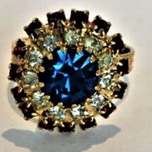 NEW RARE NOS Red White Blue FACETED PRONG SET Rhinestone DOME ADJUSTABLE Ring